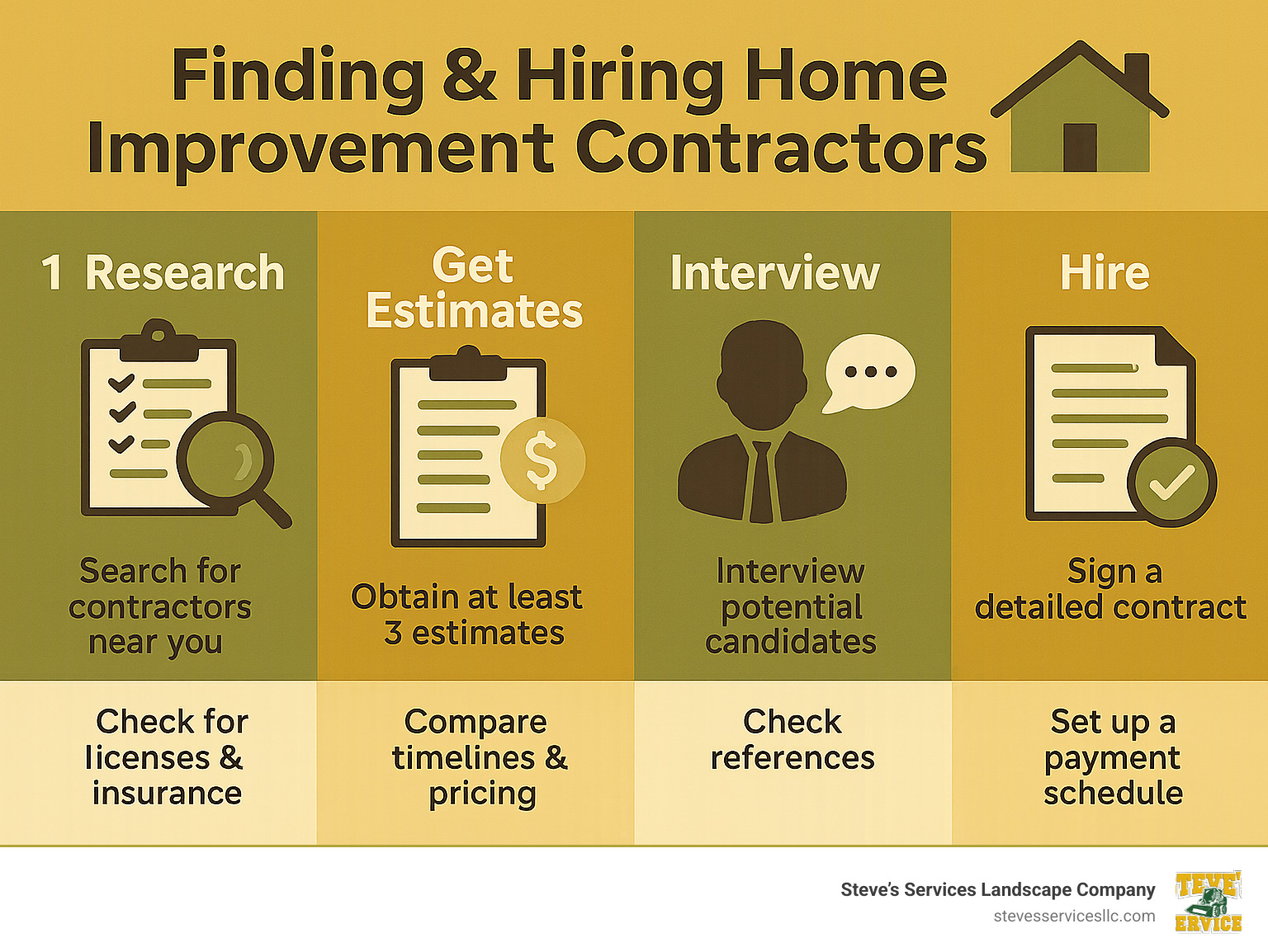Infographic showing the step-by-step process of finding, vetting, interviewing, and hiring home improvement contractors, including verification checkpoints for licenses and insurance, timeline for getting estimates, and payment milestone structure - home improvement contractors near me infographic 