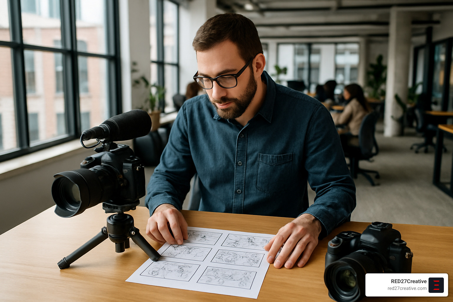 How to Capture Attention with Digital Marketing Videography • digital marketing videography • RED27Creative Professional videographer reviewing storyboard sketches while setting up camera equipment in a modern office environment - digital marketing videography