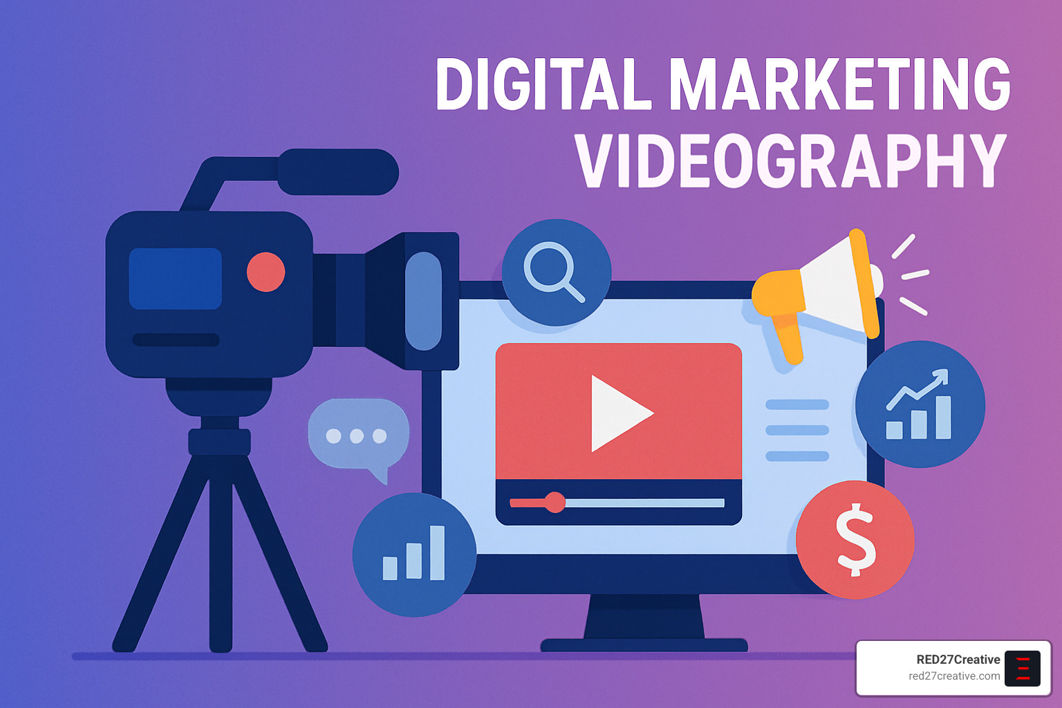 How to Capture Attention with Digital Marketing Videography • digital marketing videography • RED27Creative Analytics dashboard displaying video performance metrics including view-through rates, engagement statistics, conversion tracking, and ROI calculations across multiple digital marketing channels - digital marketing videography