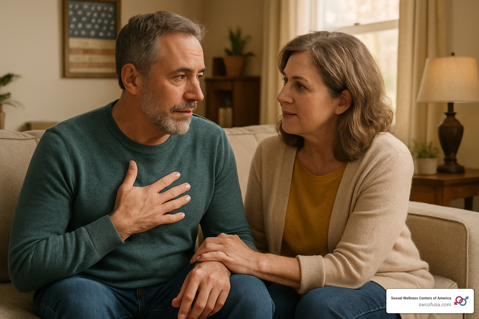 couple having supportive conversation about health concerns - peyronie's disease treatment