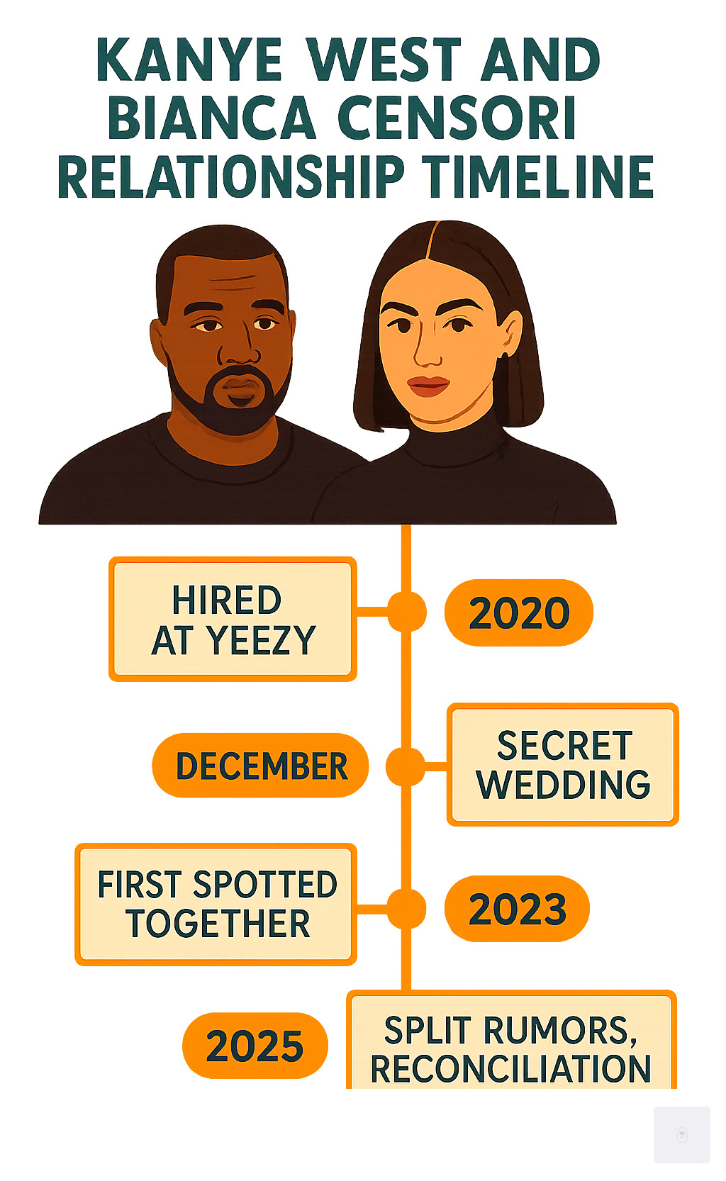 Detailed timeline infographic showing Kanye West and Bianca Censori relationship milestones from 2020 Yeezy hiring through 2022 secret wedding to 2025 split rumors and reconciliation - who is kanye west new wife infographic 
