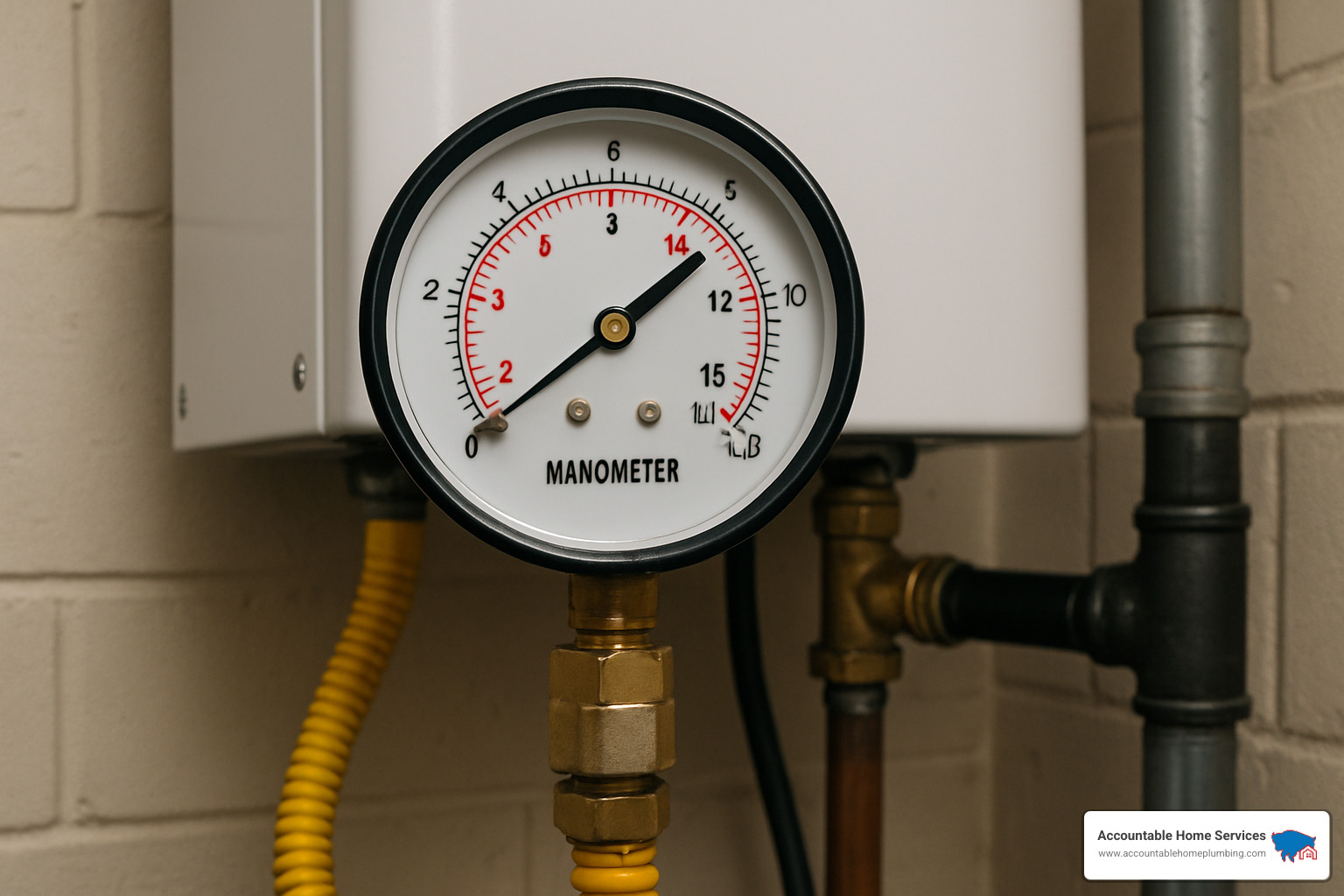 Manometer connected to gas test port showing proper pressure reading during system testing - eccotemp i12 lp installation