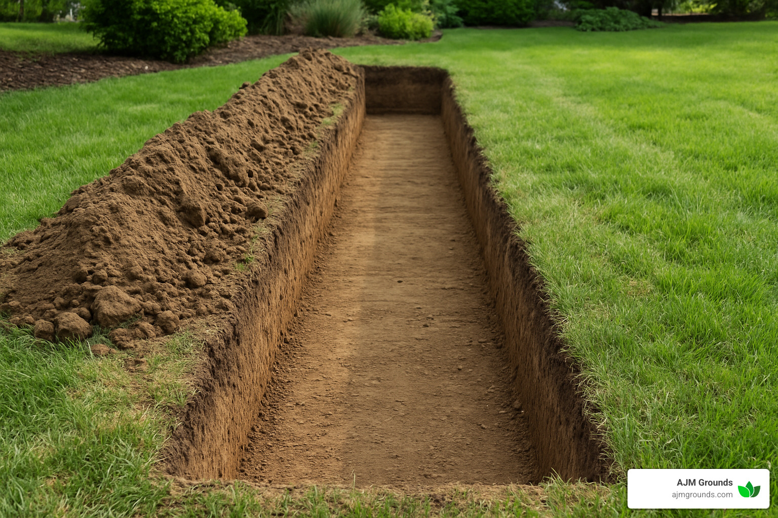 Excavated trench showing proper depth and straight edges with soil piled neatly alongside - laying a brick path