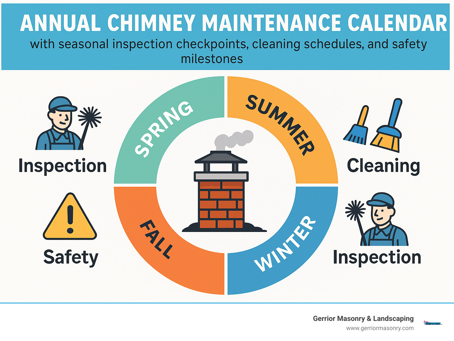 Infographic showing annual chimney maintenance calendar with seasonal inspection checkpoints, cleaning schedules, and safety milestones for homeowners to follow throughout the year - chimney cleaning and inspection near me infographic 