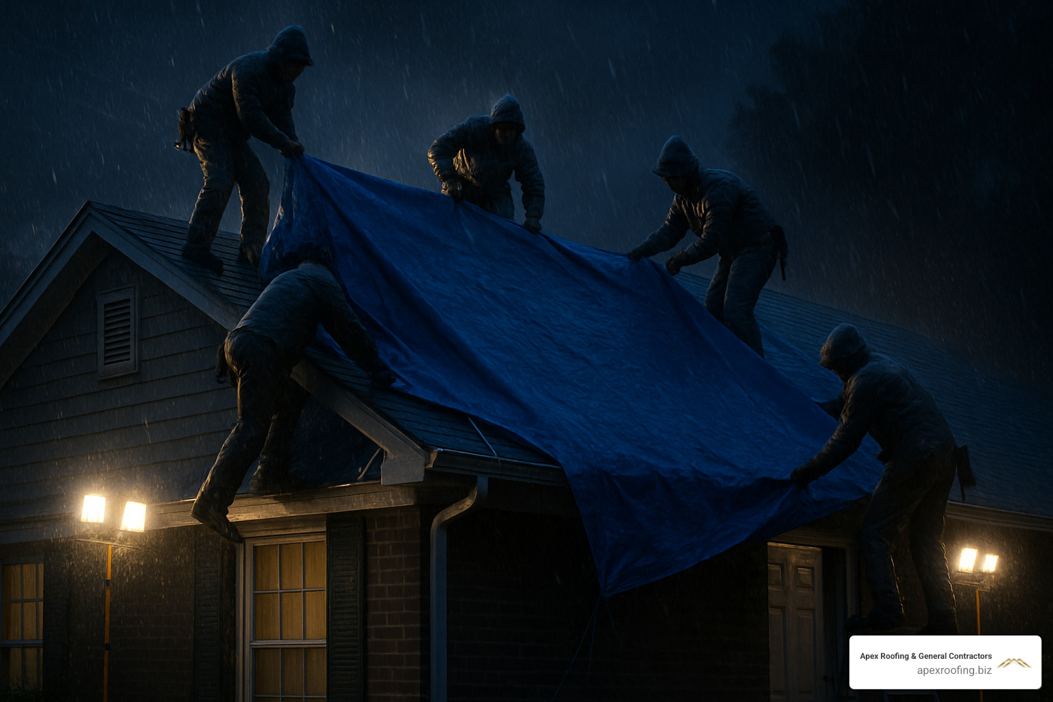 emergency roof tarping being installed at night during storm - residential roof repair near me