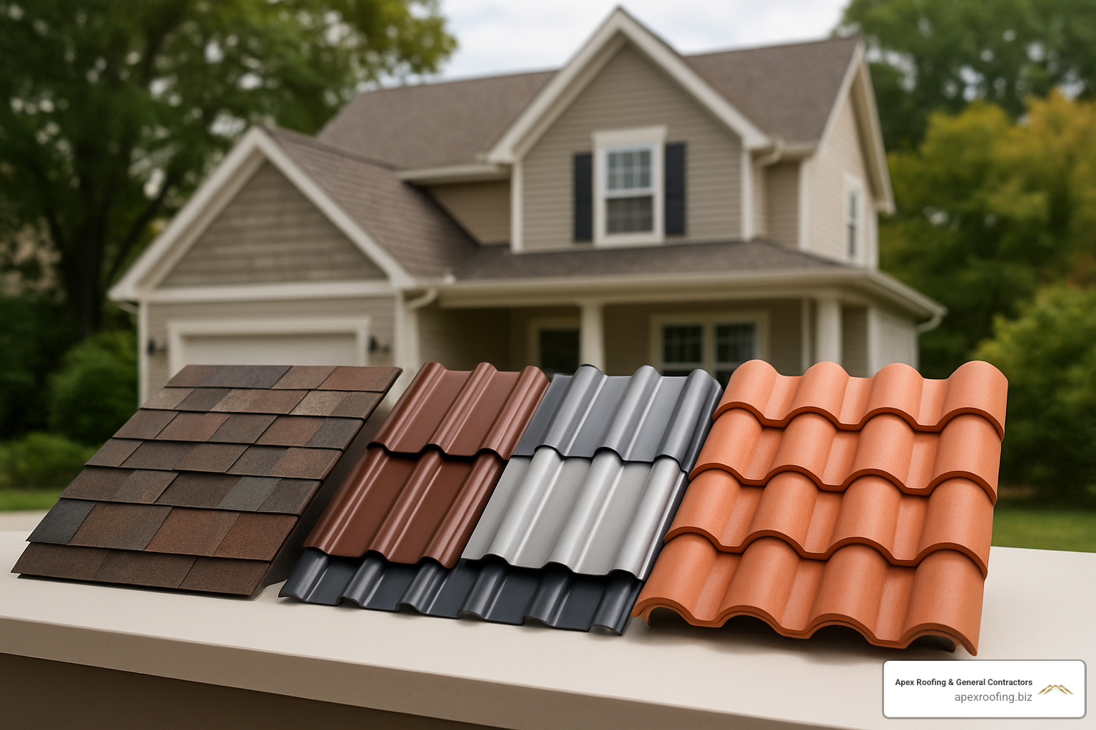 various roofing material samples including shingles, metal, and tiles - residential roof repair near me