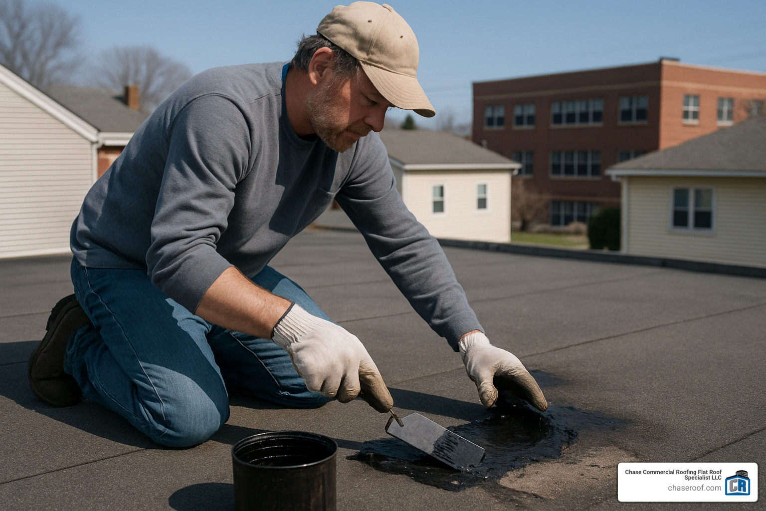 DIY roofer applying roofing cement to repair damaged asphalt membrane - asphalt flat roof repair
