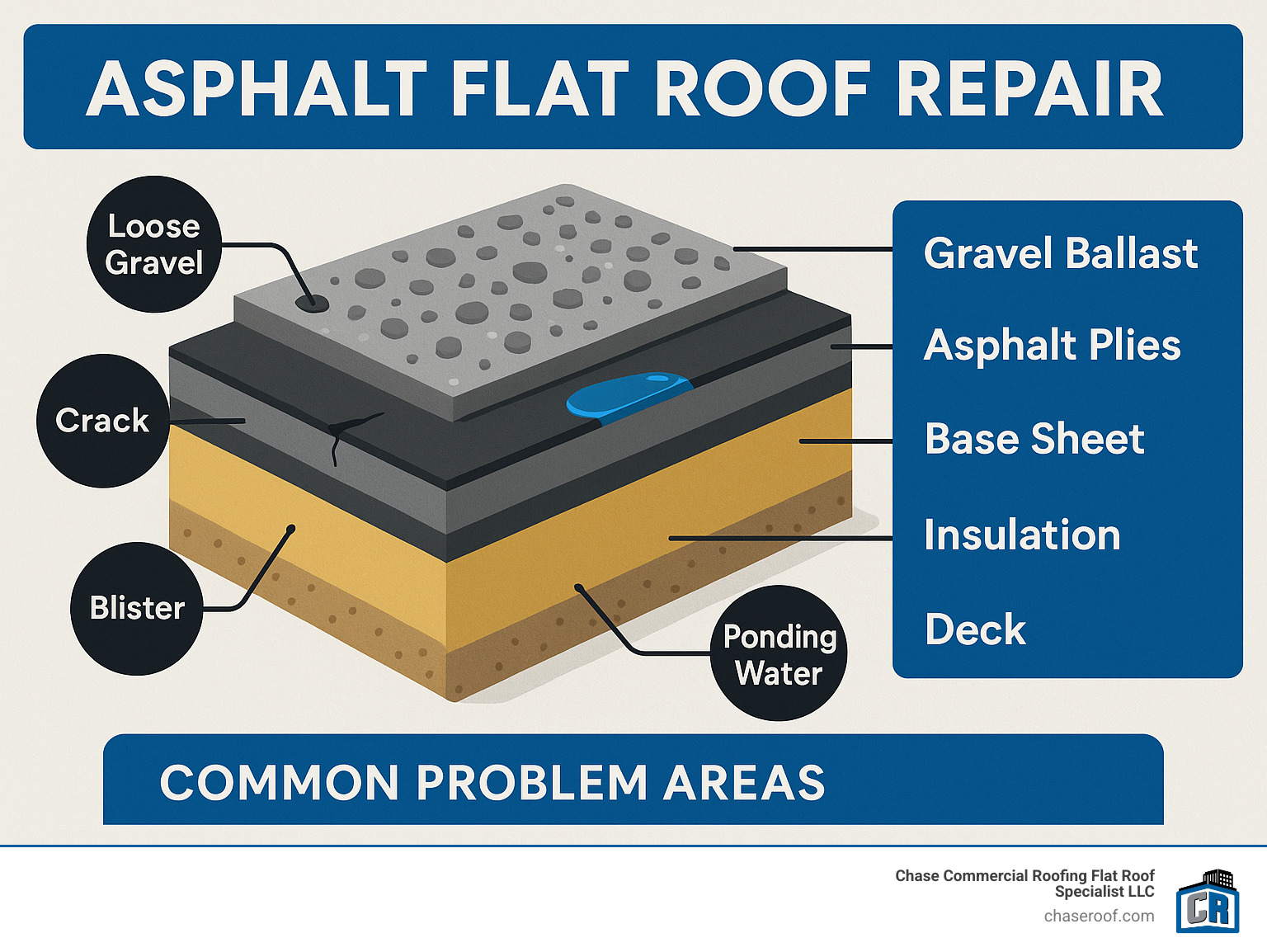 Detailed infographic showing cross-section of asphalt flat roof layers including deck, insulation, base sheet, asphalt plies, and gravel ballast with common problem areas highlighted - asphalt flat roof repair infographic 