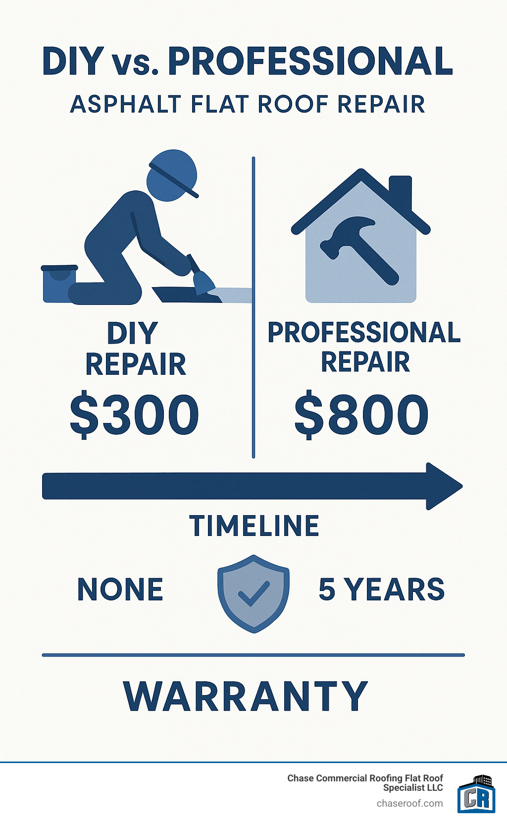 Cost comparison infographic showing DIY repair costs versus professional repair costs with timeline and warranty information - asphalt flat roof repair infographic 