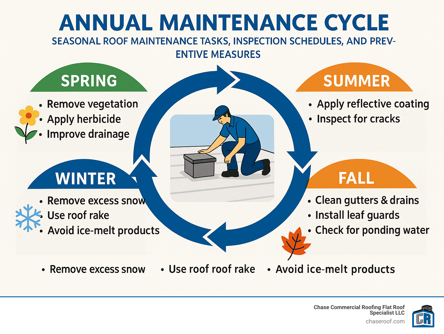 Annual maintenance cycle infographic showing seasonal roof maintenance tasks, inspection schedules, and preventive measures throughout the year - asphalt flat roof repair infographic 