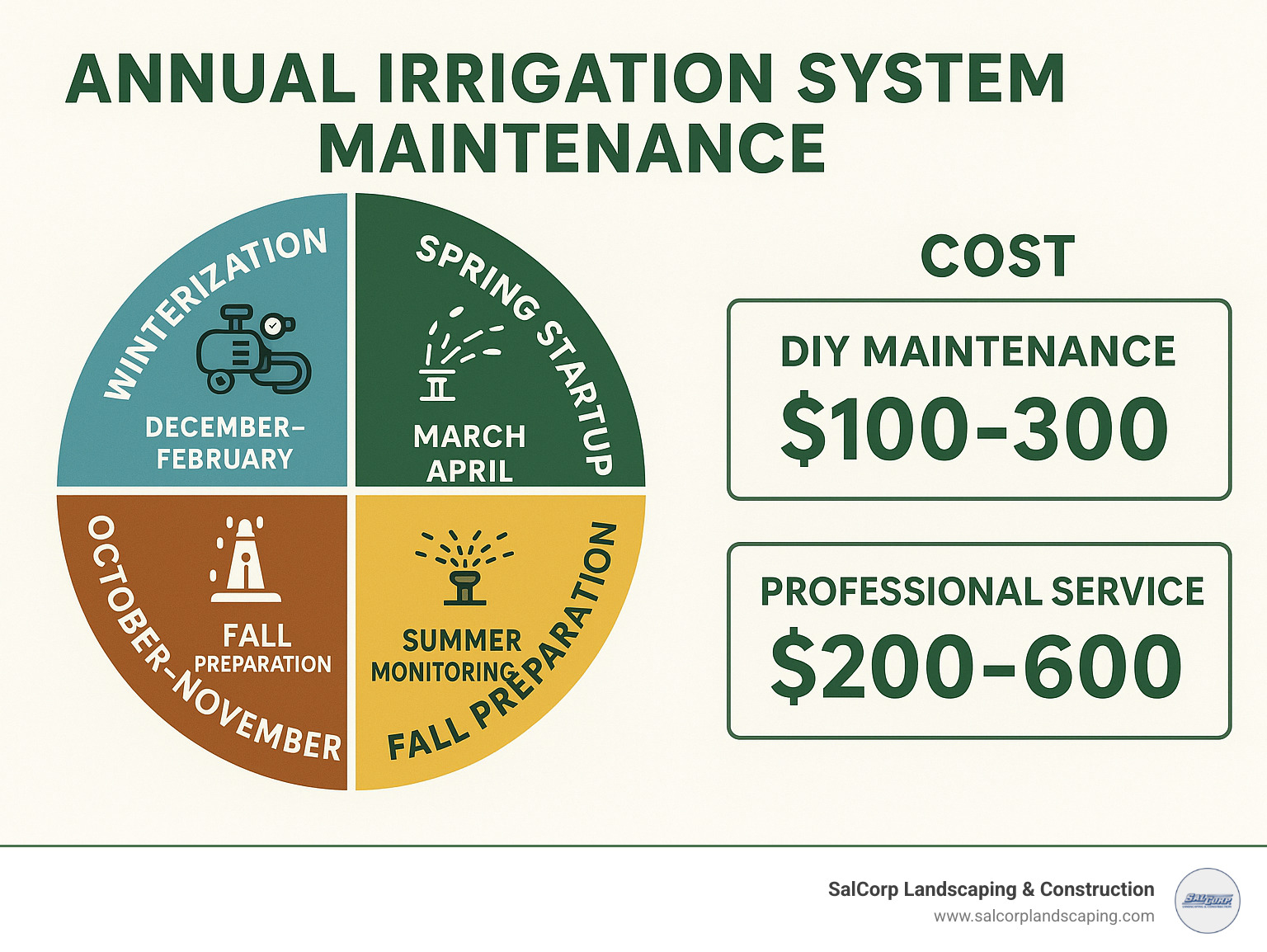 Comprehensive infographic showing annual irrigation system maintenance calendar with winter winterization using compressed air blowout (December-February), spring startup and inspection (March-April), summer monitoring and adjustments (May-September), and fall preparation including rain sensor calibration (October-November), plus cost breakdown showing DIY maintenance $100-300 annually versus professional service $200-600 - in ground sprinkler installation infographic