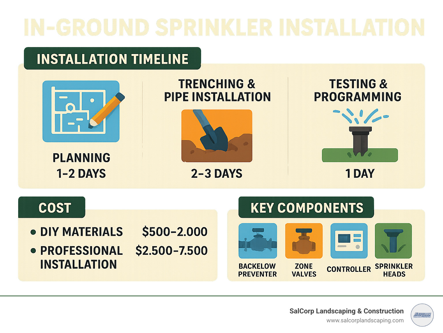 Detailed infographic showing in ground sprinkler installation timeline from planning phase (1-2 days) through trenching and pipe installation (2-3 days) to testing and programming (1 day), with cost breakdown showing DIY materials $500-2000 versus professional installation $2500-7500, plus key components like backflow preventer, zone valves, controller, and sprinkler heads - in ground sprinkler installation infographic