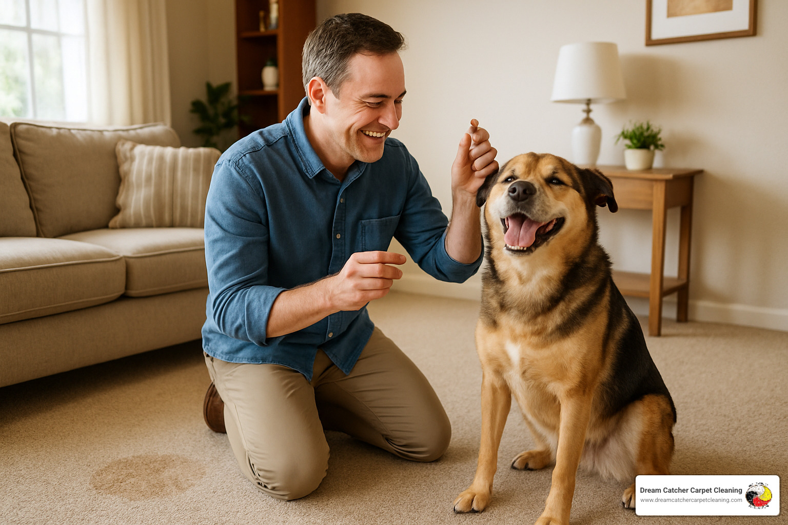 owner praising pet away from clean carpet spot - best solution to clean carpets with pet stains