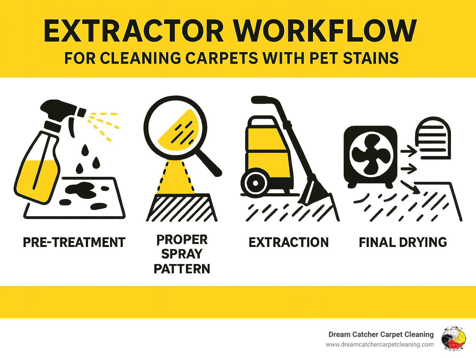 Infographic showing extractor workflow from pre-treatment through final drying, including proper spray patterns, extraction techniques, and drying setup with fans and ventilation - best solution to clean carpets with pet stains infographic 
