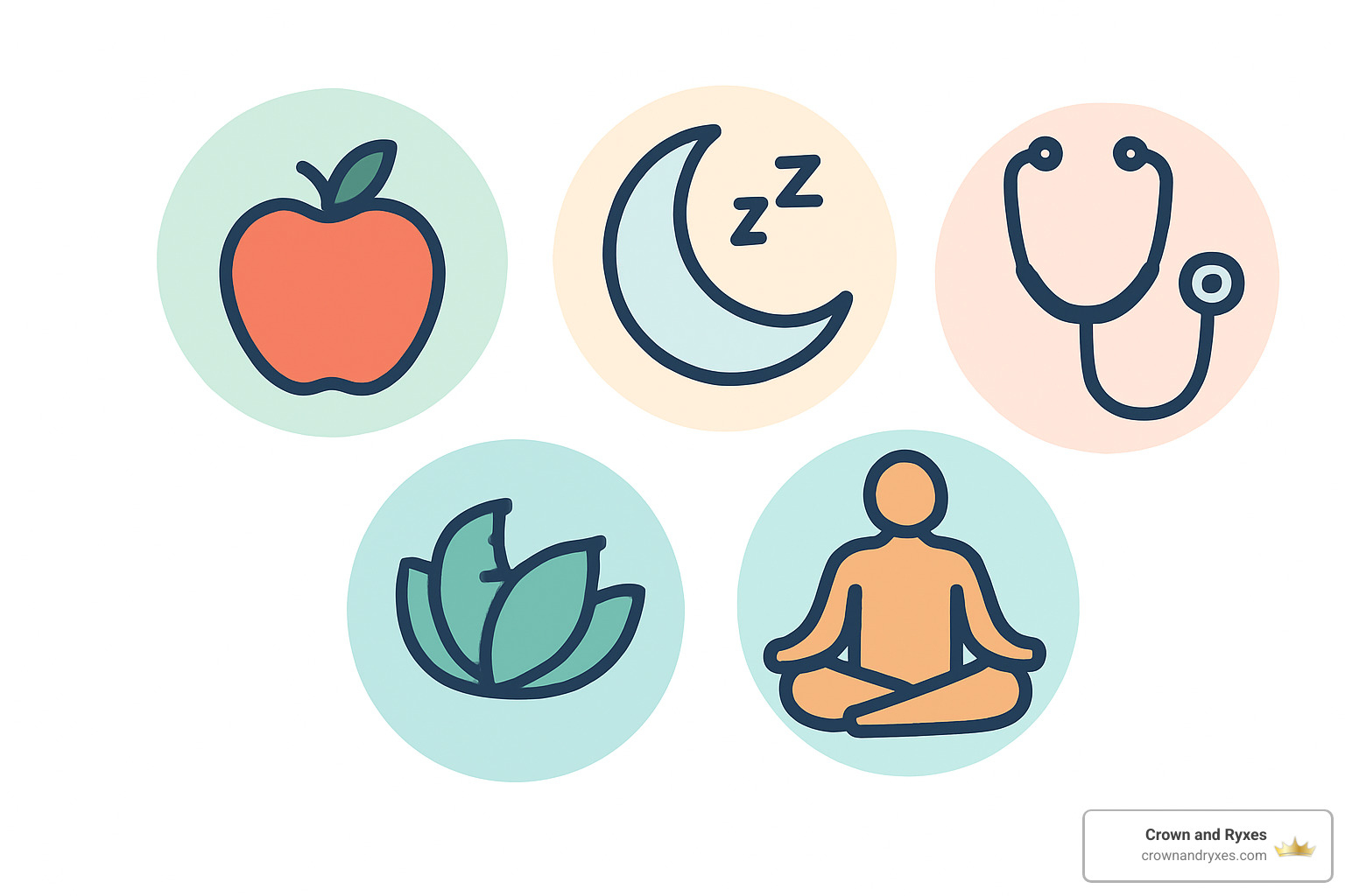 balanced lifestyle icons showing exercise, nutrition, sleep, stress management, and medical care - sexual wellness for men