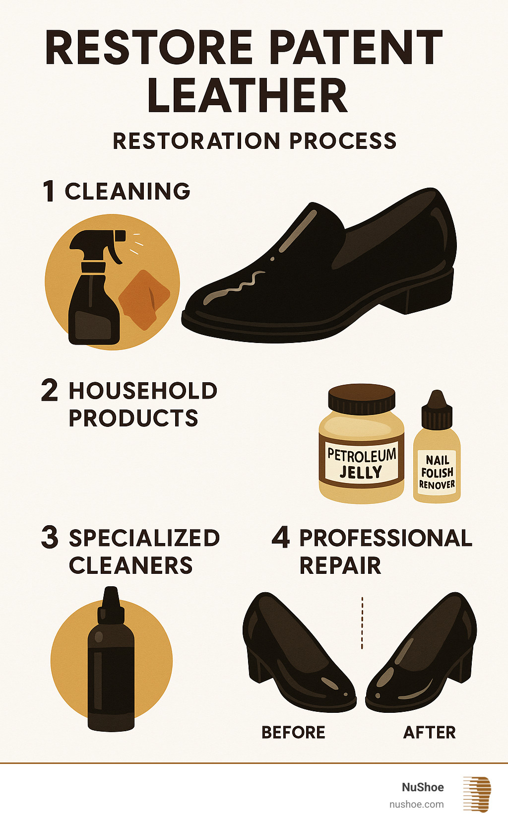 Patent leather restoration process infographic showing cleaning steps, household products like vaseline and nail polish remover, specialized cleaners, and professional repair options with before/after shine comparison - restore patent leather infographic 