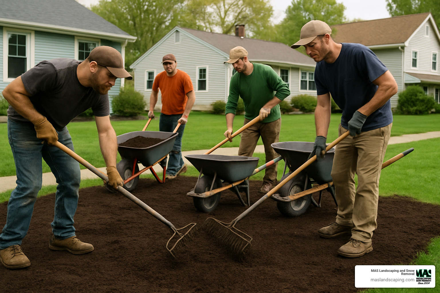crew spreading loam with rakes and tools - loam delivery