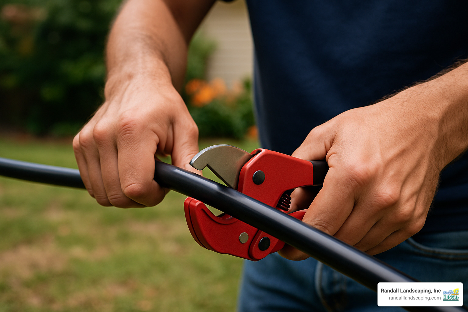 pipe cutter in action cutting irrigation tubing - garden water irrigation system installation