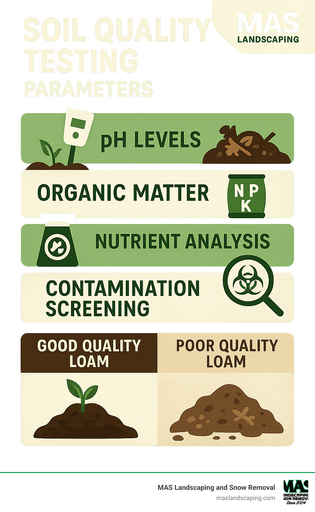 infographic showing soil quality testing parameters including pH levels, organic matter content, nutrient analysis, and contamination screening with visual indicators of good vs poor quality loam - loam delivery infographic 