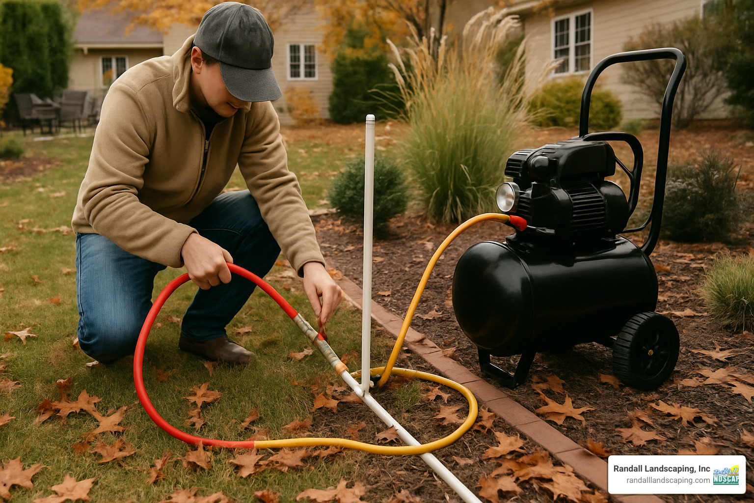 blowing out irrigation lines with air compressor for winter preparation - garden water irrigation system installation