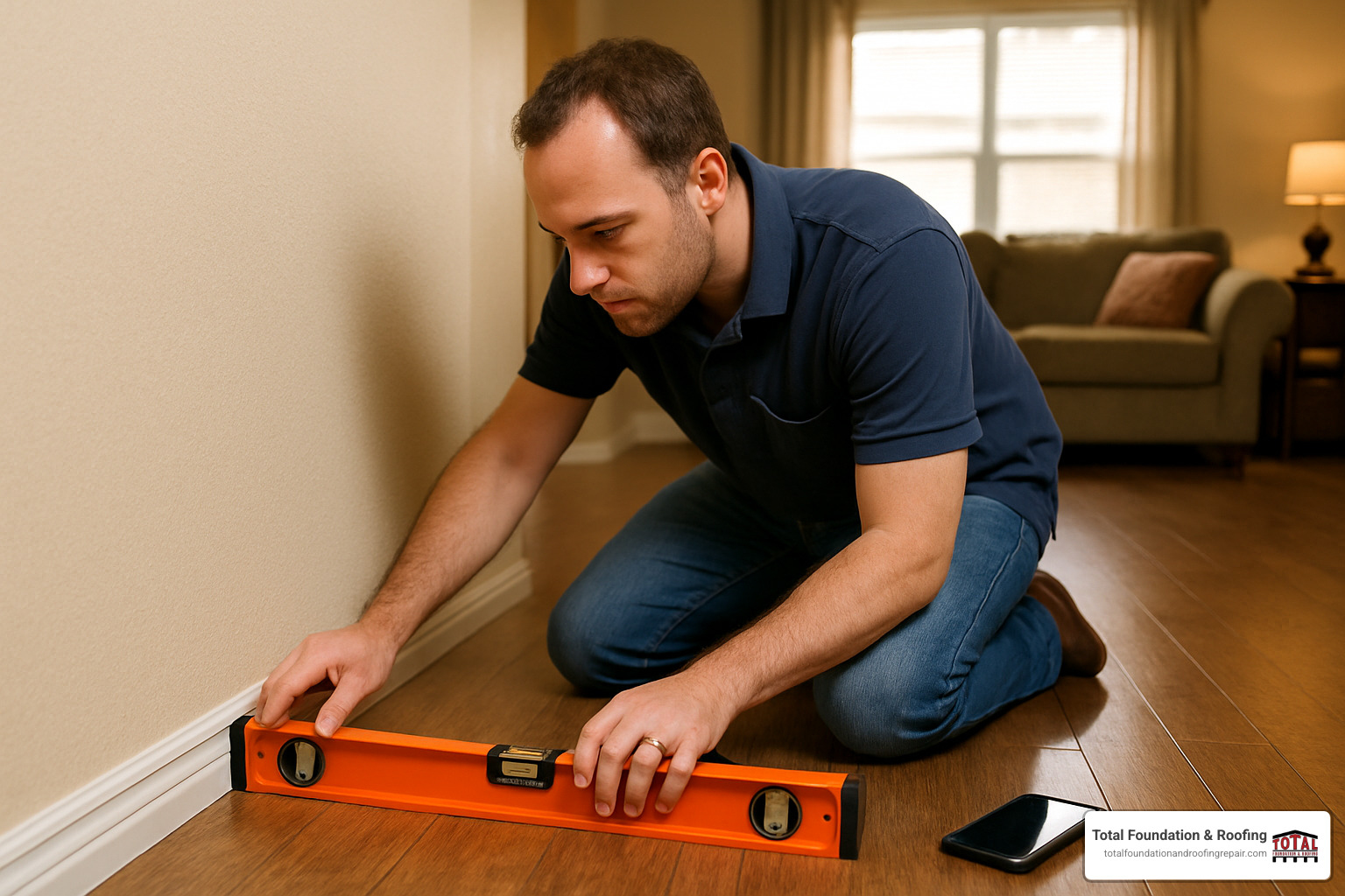 Homeowner using a level tool to check floor elevation, demonstrating proper DIY foundation monitoring techniques - house leveling San Antonio