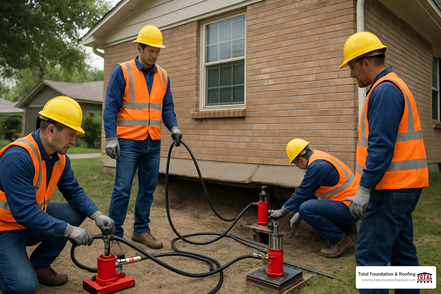 Professional crew using hydraulic equipment to lift and level a house foundation, showing the precision equipment and safety protocols used in modern house leveling - house leveling San Antonio