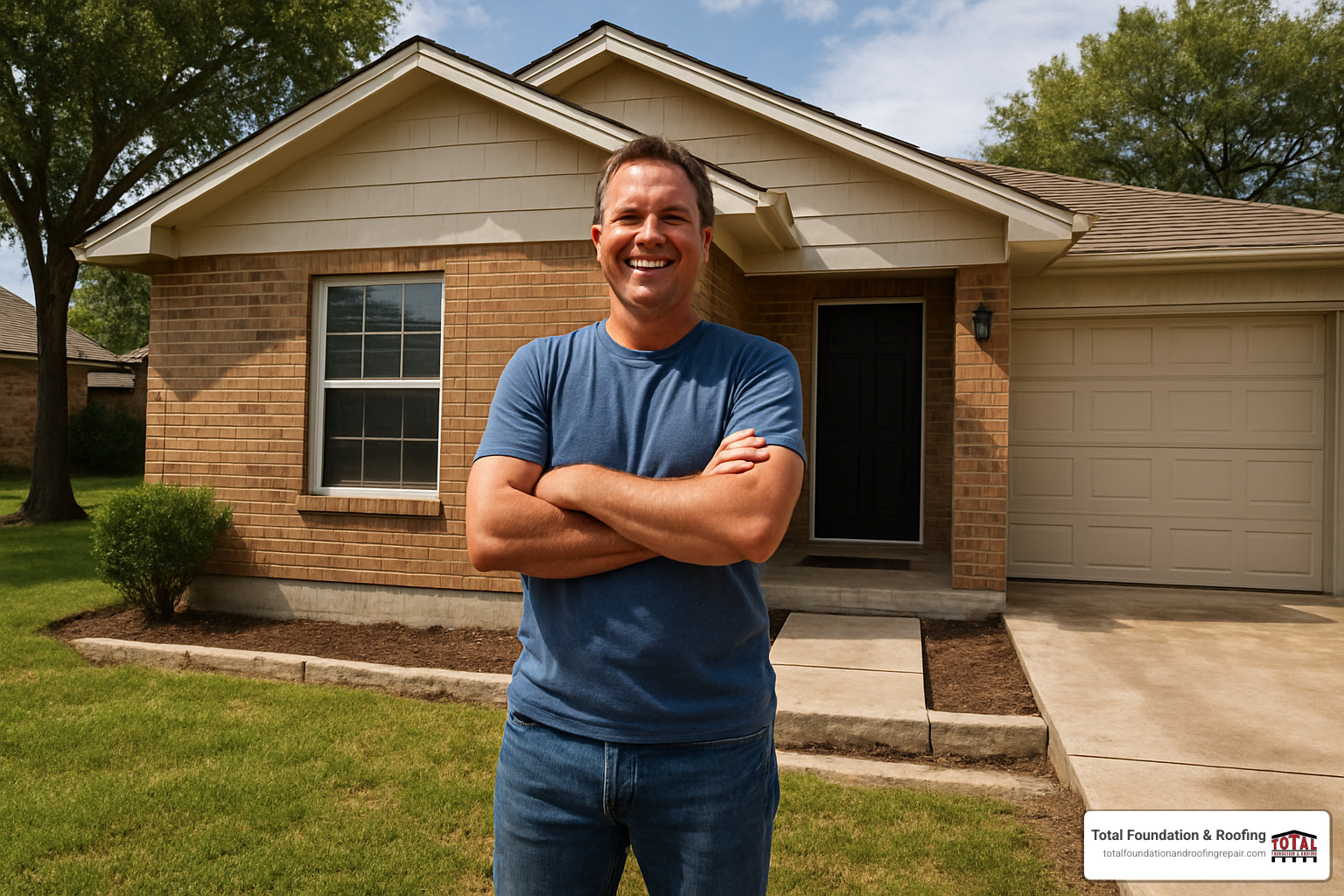 Satisfied homeowner standing in front of their recently leveled home, showing the professional results and restored structural integrity - house leveling San Antonio