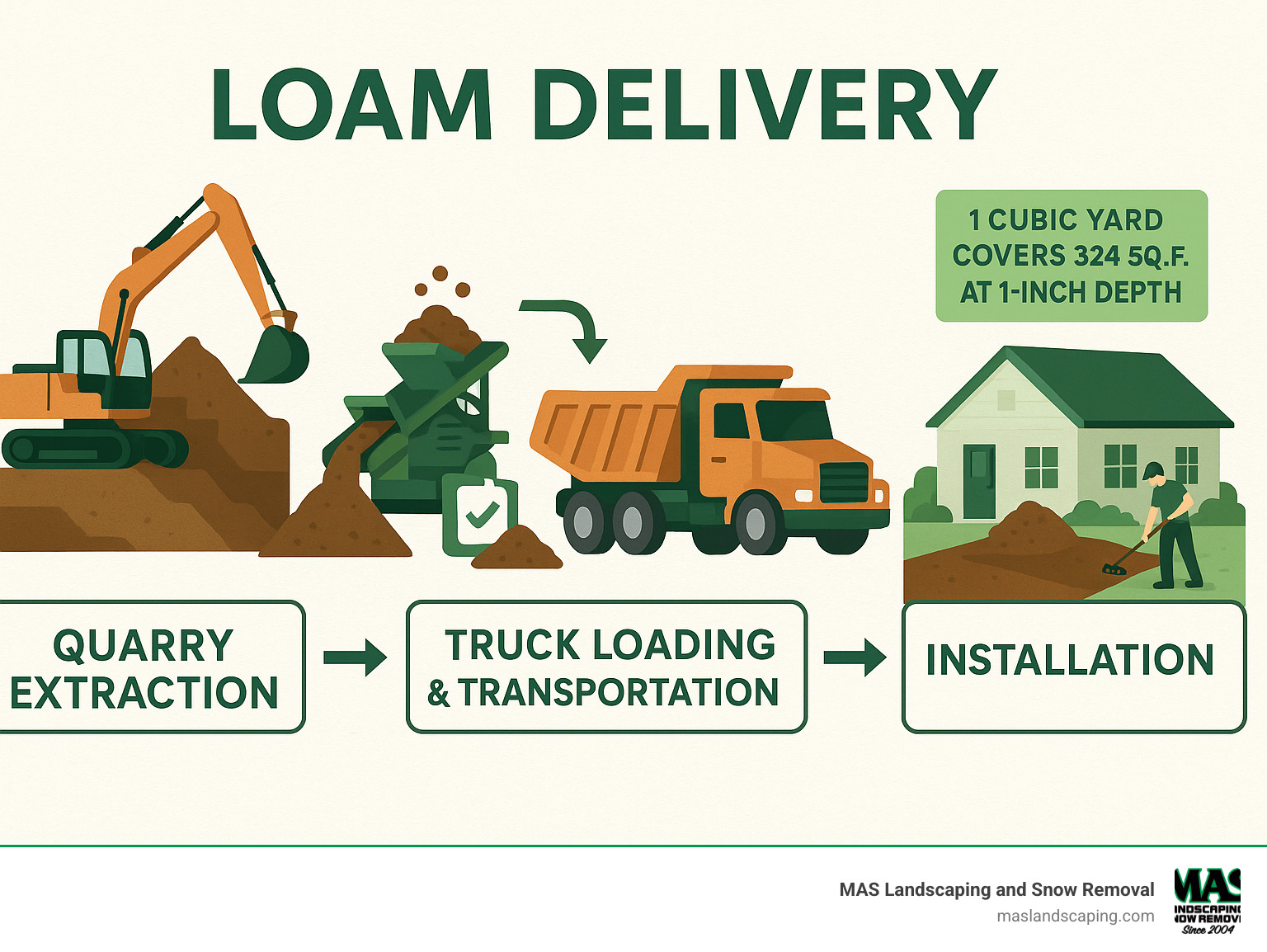 Comprehensive infographic showing the complete loam delivery process from quarry extraction and screening to truck loading, transportation, and final installation at residential properties, including quality control steps and coverage calculations - loam delivery infographic 