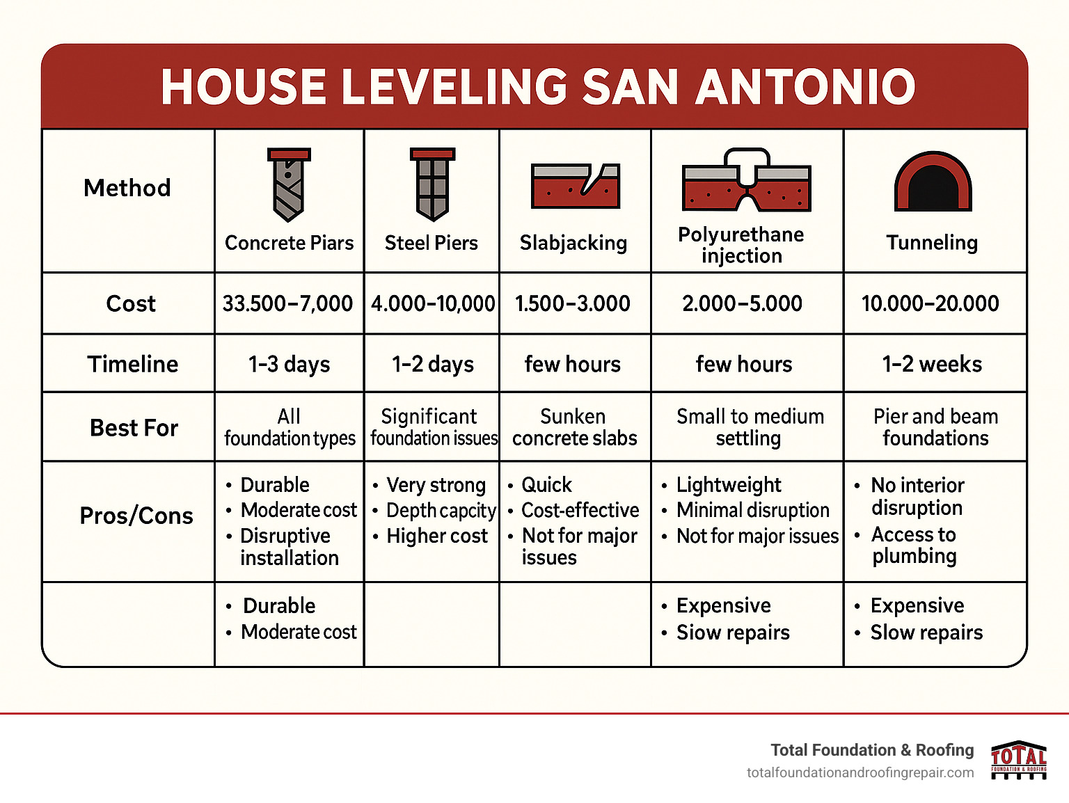 Comprehensive comparison table showing house leveling methods: concrete piers, steel piers, slabjacking, polyurethane injection, and tunneling - with costs, timeline, best applications, and pros/cons for each method - house leveling San Antonio infographic 