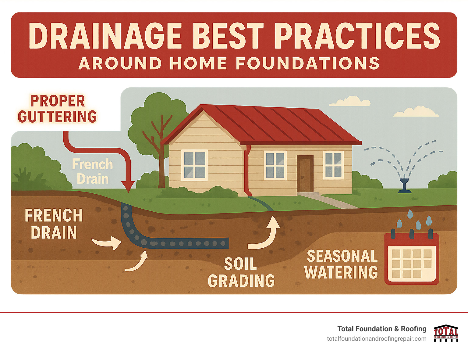 Comprehensive infographic showing drainage best practices around home foundations: proper guttering, French drains, soil grading, sprinkler placement, and seasonal watering schedules for San Antonio clay soil - house leveling San Antonio infographic 