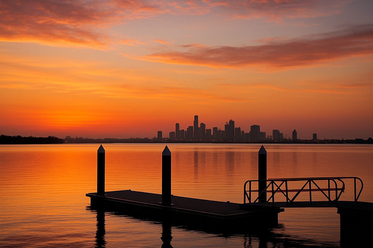 sunset over Gold Coast Broadwater with pontoon silhouetted in foreground - Floating pontoon Gold Coast
