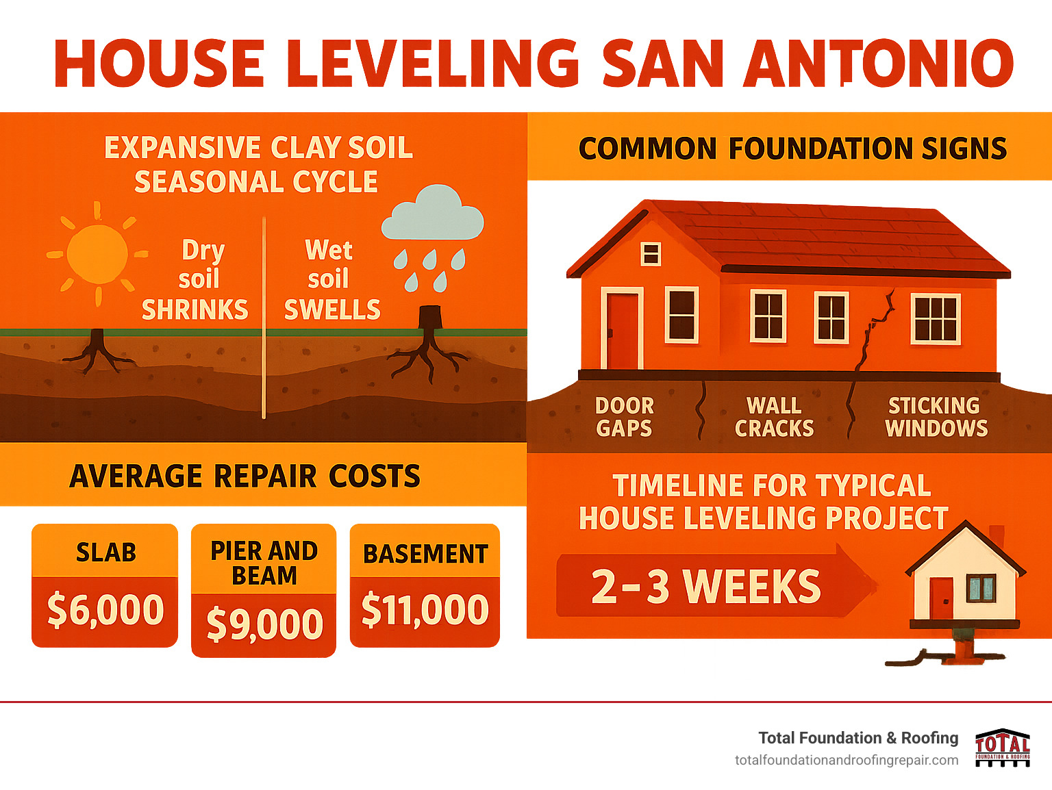 Detailed infographic showing San Antonio's expansive clay soil seasonal cycle, common foundation warning signs like door gaps and wall cracks, average repair costs by foundation type, and timeline for typical house leveling project - house leveling San Antonio infographic 