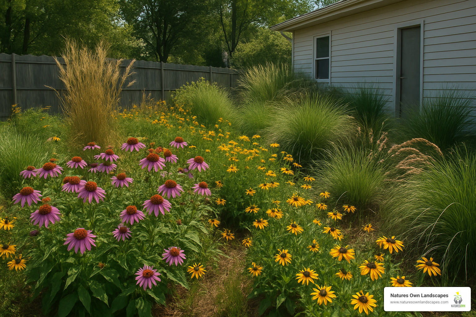 Native plant garden featuring Ohio wildflowers and grasses that provide year-round beauty with minimal maintenance requirements - landscaping troy ohio