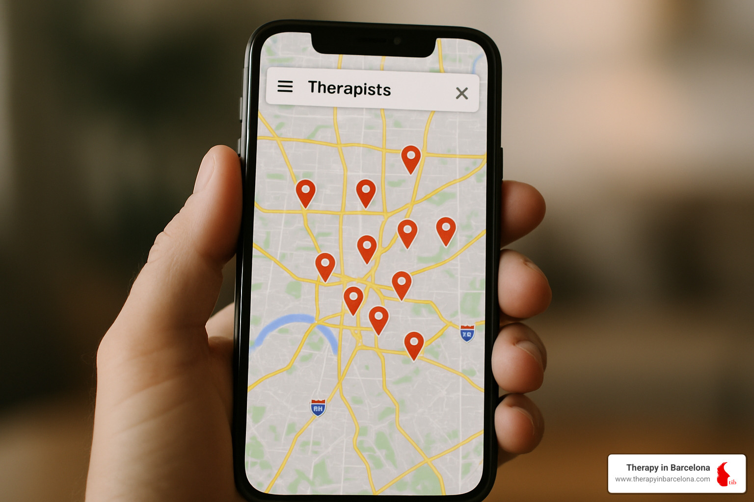 smartphone showing map with therapy office locations marked with pins - psychotherapy near me