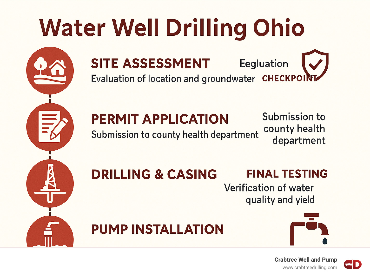 Comprehensive infographic showing the complete Ohio water well drilling process from initial site assessment and permit application through drilling, casing installation, pump setup, and final testing, with timeline indicators and regulatory checkpoints - water well drilling ohio infographic Comprehensive infographic showing the complete Ohio water well drilling process from initial site assessment and permit application through drilling, casing installation, pump setup, and final testing, with timeline indicators and regulatory checkpoints - water well drilling ohio infographic