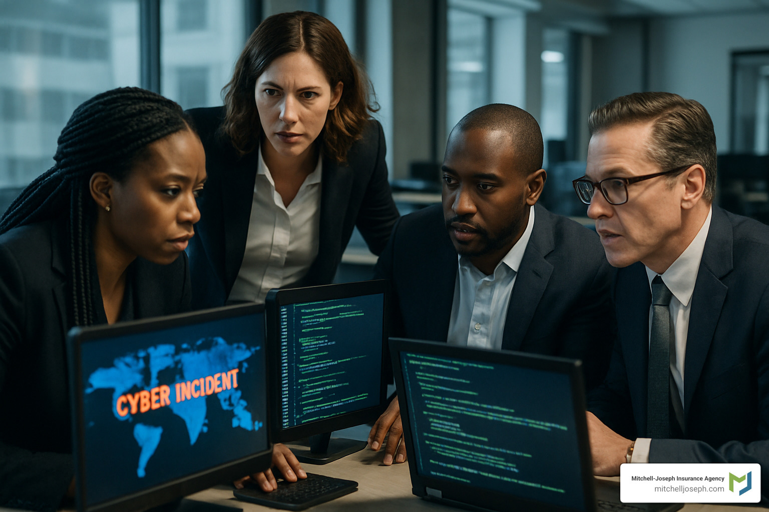 breach response team working at computers during cyber incident - Cyber insurance for law firms