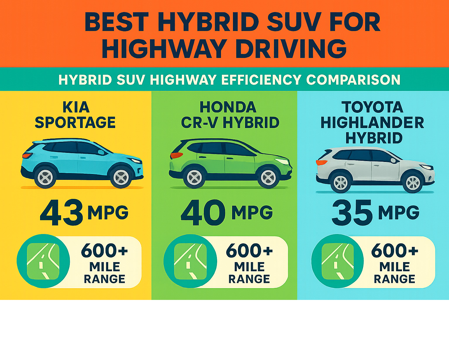 Infographic showing hybrid SUV highway efficiency comparison with fuel economy ratings, driving ranges, and key features for top models including Kia Sportage Hybrid at 43 MPG, Honda CR-V Hybrid at 40 MPG, and Toyota Highlander Hybrid at 35 MPG, along with visual representations of their 600+ mile driving ranges - best hybrid suv for highway driving infographic 