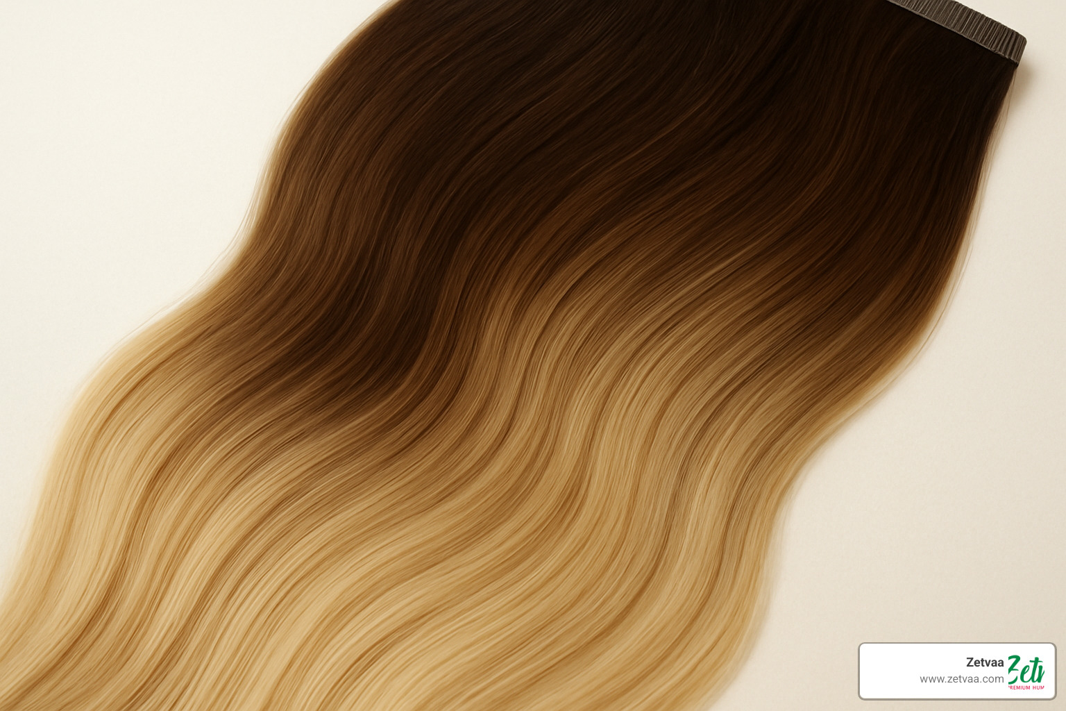 Color-melt demonstration showing the seamless blend from dark roots to light ends in balayage extensions - balayage hair extensions