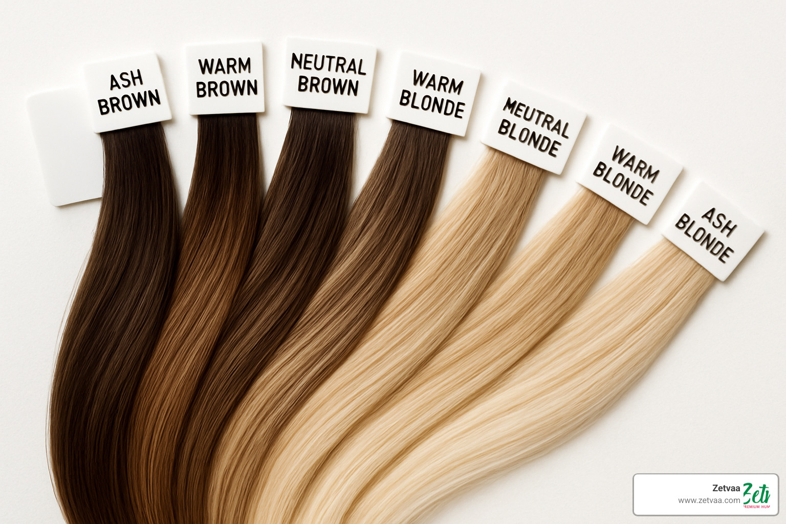 Hair color swatch fan showing various balayage tones from dark roots to light ends with undertone variations - balayage hair extensions