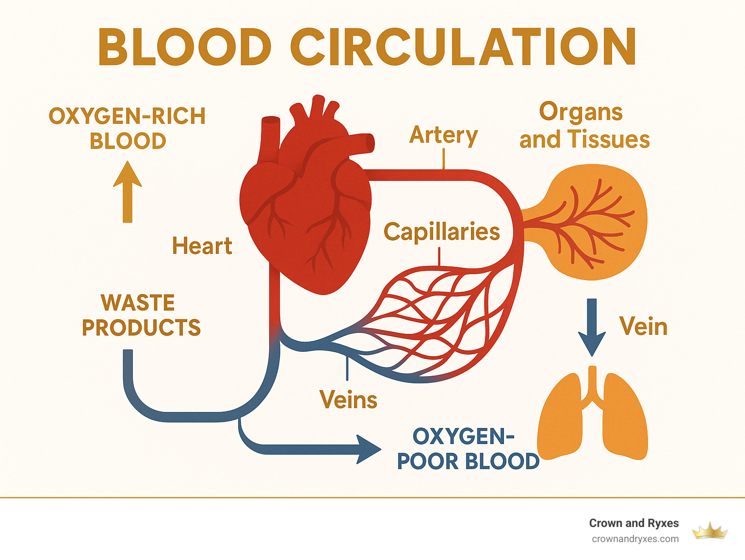 Infographic showing the complete blood circulation pathway from heart through arteries to capillaries and back through veins, highlighting how oxygen-rich blood flows to organs and tissues while waste products return to the heart and lungs for filtering - increase blood flow naturally infographic 