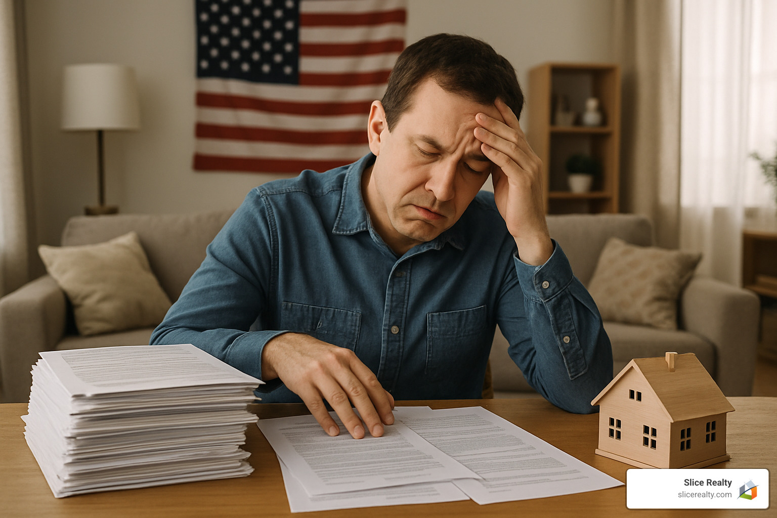worried seller surrounded by paperwork and legal documents - For sale by owner attorney