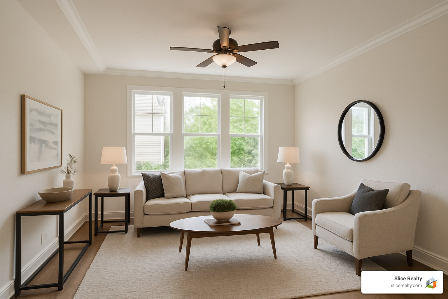 staged living room with neutral colors and minimal furniture - For sale by owner attorney