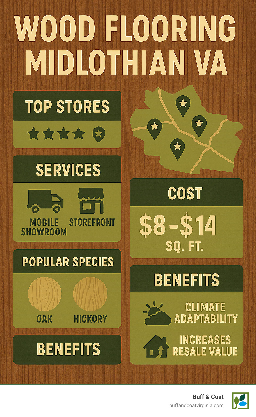 Infographic showing wood flooring store locations in Midlothian VA with ratings, services offered including mobile showrooms and traditional storefronts, average costs of $8-14 per square foot, popular wood species like oak and hickory, and key benefits like climate adaptability and resale value increases - wood flooring midlothian va infographic Infographic showing wood flooring store locations in Midlothian VA with ratings, services offered including mobile showrooms and traditional storefronts, average costs of $8-14 per square foot, popular wood species like oak and hickory, and key benefits like climate adaptability and resale value increases - wood flooring midlothian va infographic