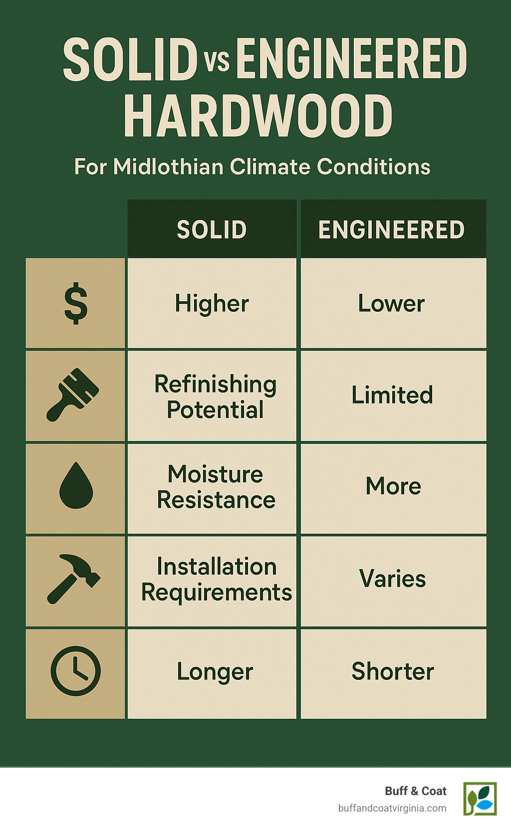 Comparison table showing solid vs engineered hardwood differences in cost, refinishing potential, moisture resistance, installation requirements, and lifespan for Midlothian climate conditions - wood flooring midlothian va infographic Comparison table showing solid vs engineered hardwood differences in cost, refinishing potential, moisture resistance, installation requirements, and lifespan for Midlothian climate conditions - wood flooring midlothian va infographic