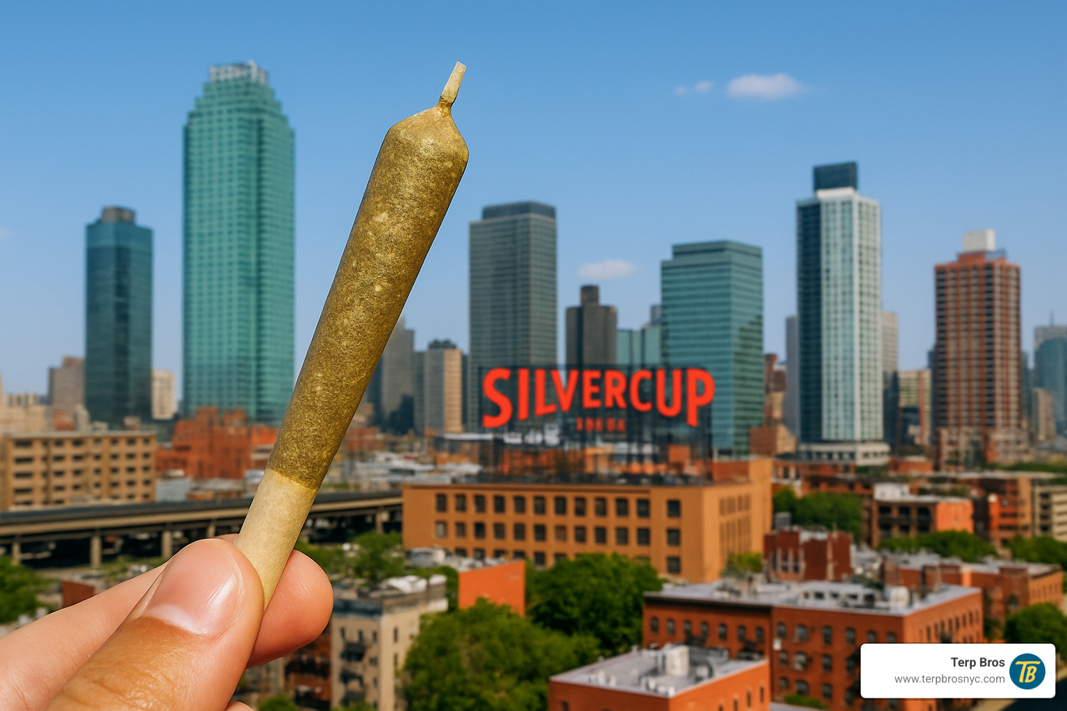 Queens skyline with pre-roll in foreground - Buy pre-rolls online