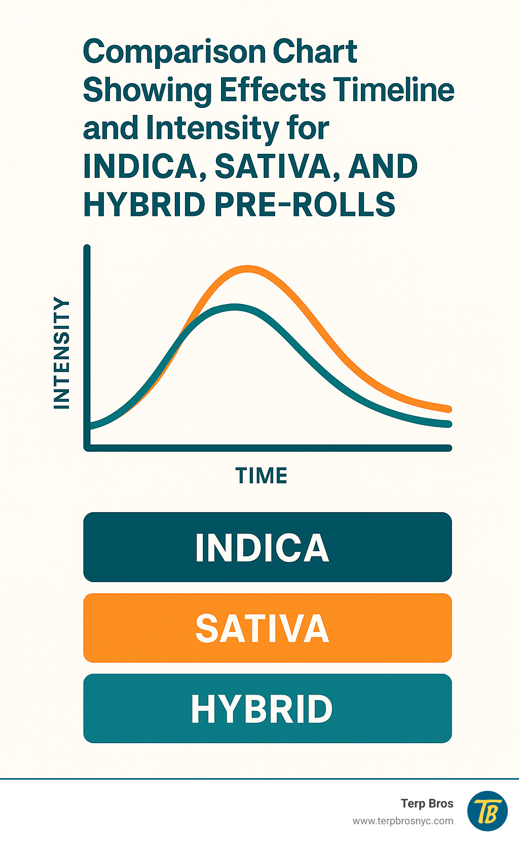 comparison chart showing effects timeline and intensity for indica, sativa, and hybrid pre-rolls - Buy pre-rolls online infographic 