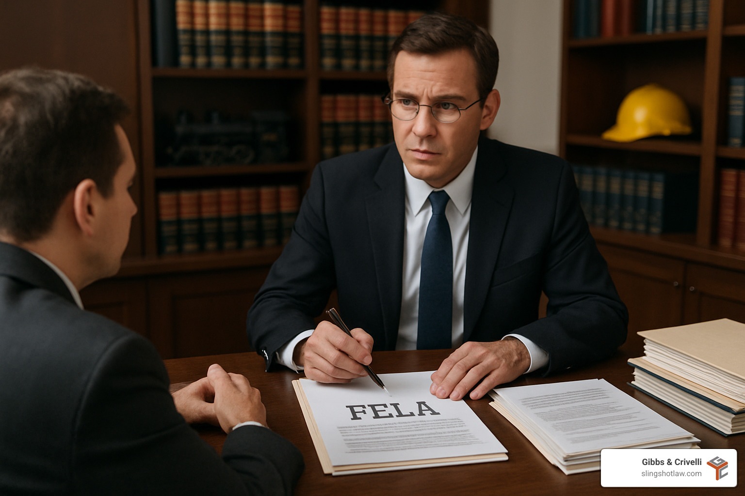Attorney consultation showing lawyer reviewing railroad injury case files and FELA documentation - Austin railroad injury lawyer