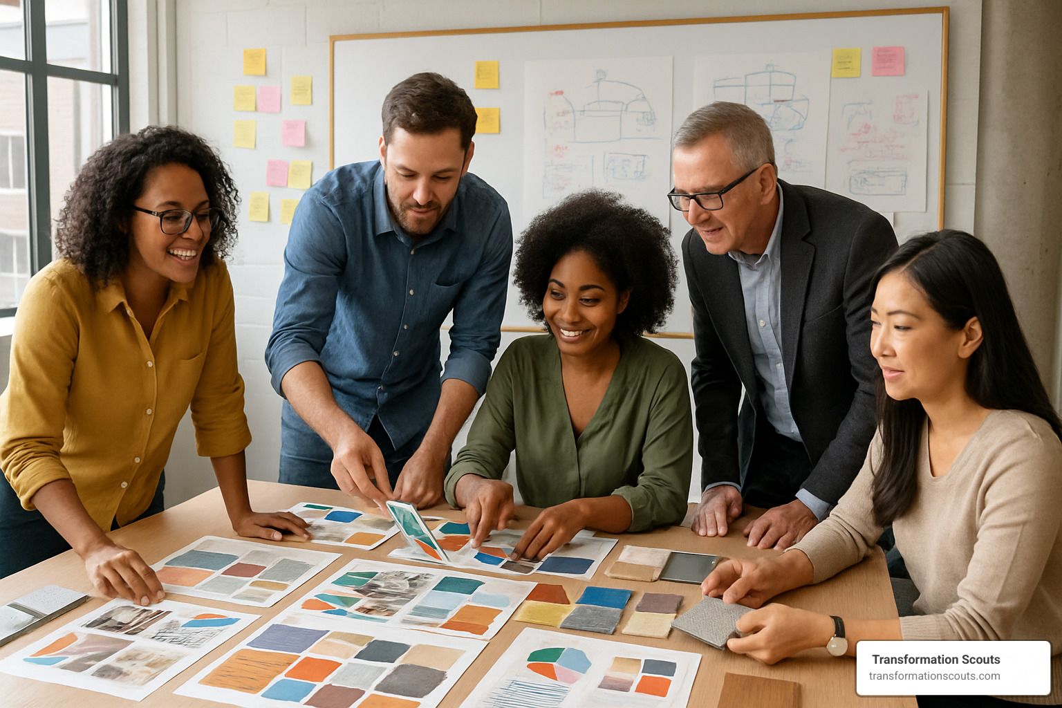 Interactive workshop session with clients using visual facilitation tools, mood boards, and material samples to co-create design solutions - design culture llp