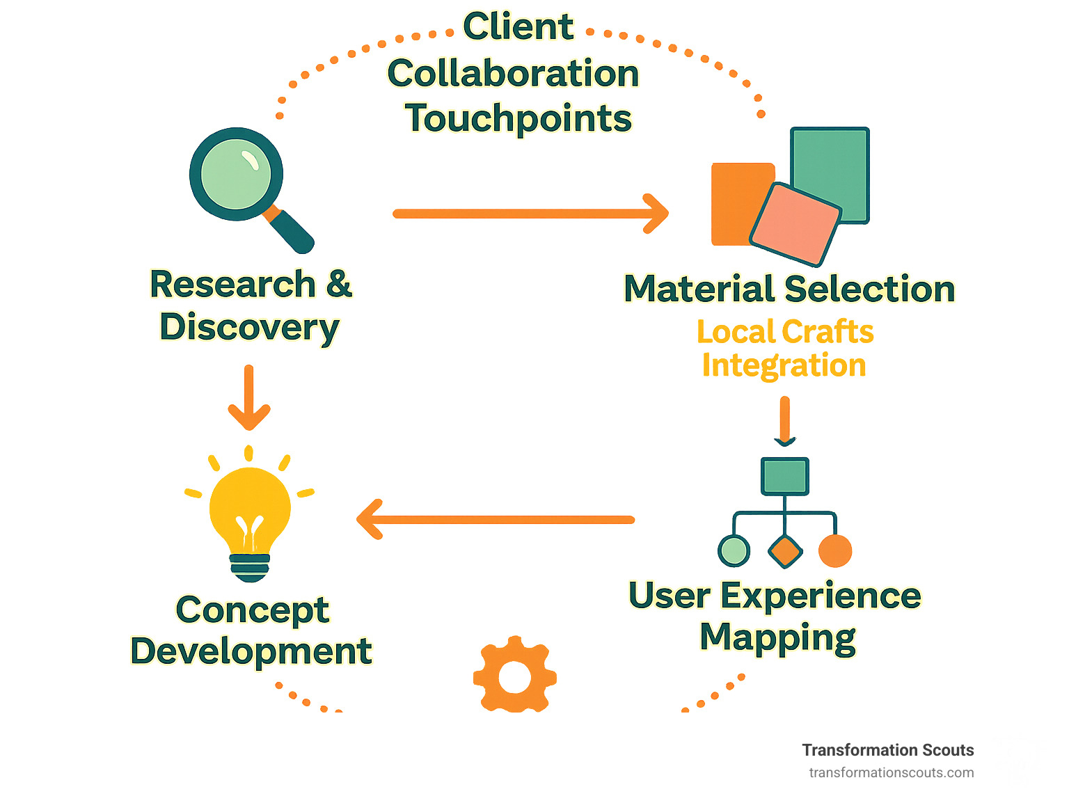Infographic showing Design Culture LLP's story-first design process: Research & Findy phase leading to Concept Development, then Material Selection with local crafts integration, followed by User Experience Mapping, and finally Implementation with client collaboration touchpoints throughout - design culture llp infographic 