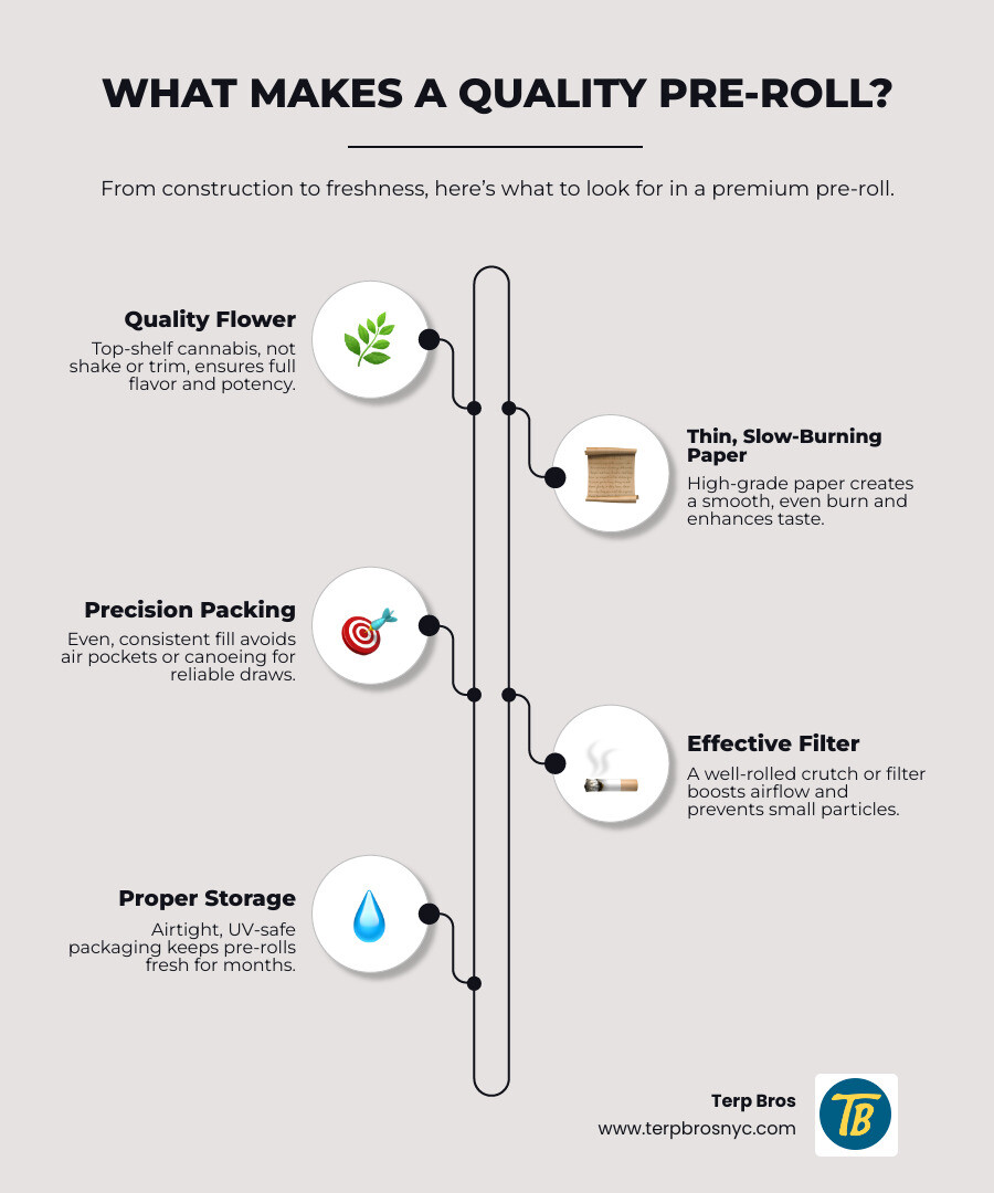 Detailed infographic showing pre-roll anatomy including paper type, flower quality, filter construction, proper packing density, and storage requirements for maximum freshness - Buy pre-rolls online infographic infographic-line-5-steps-neat_beige